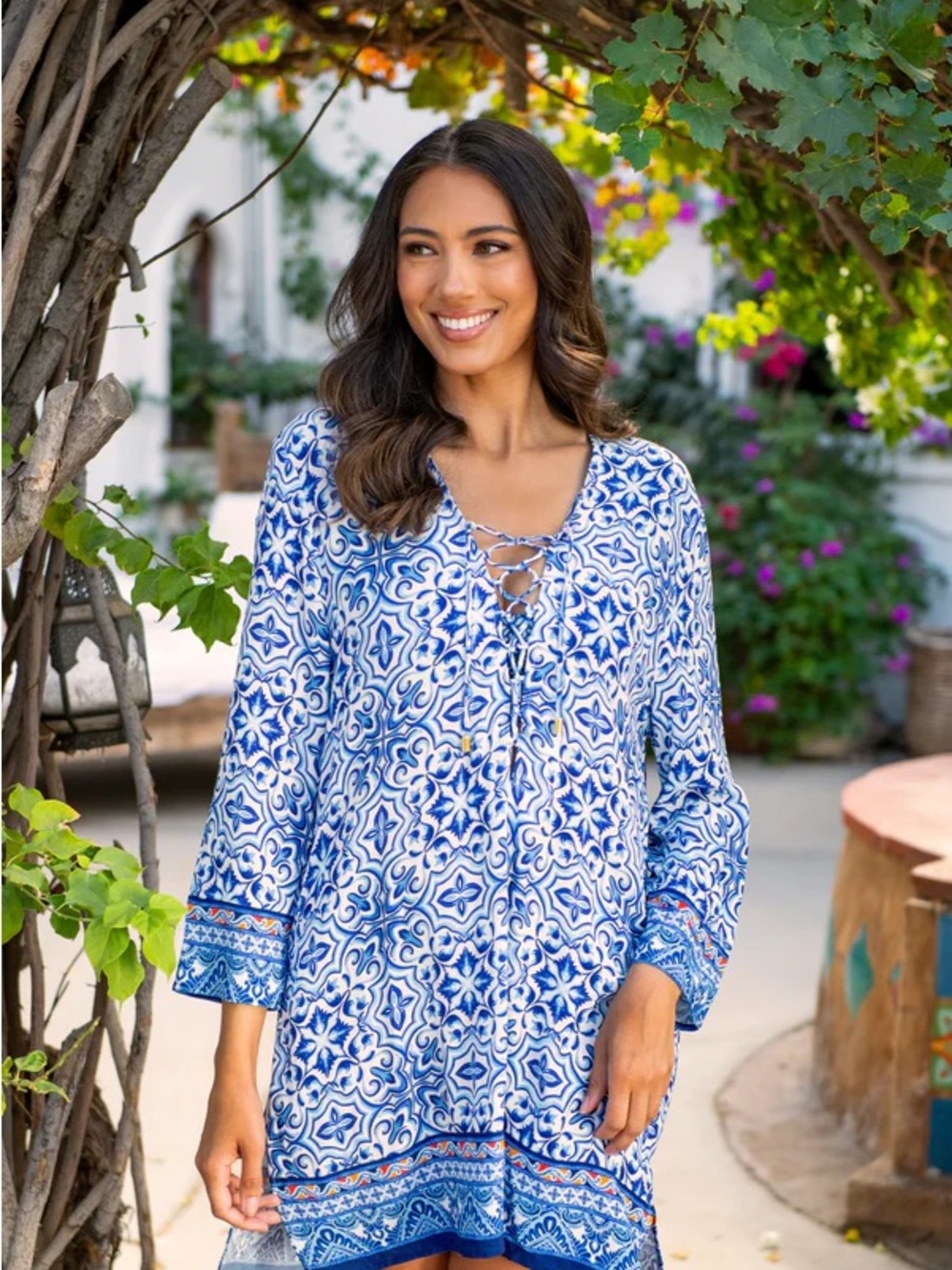 La Blanca Alboran Sea Blue & White Lace-Up Coverup Tunic XS
